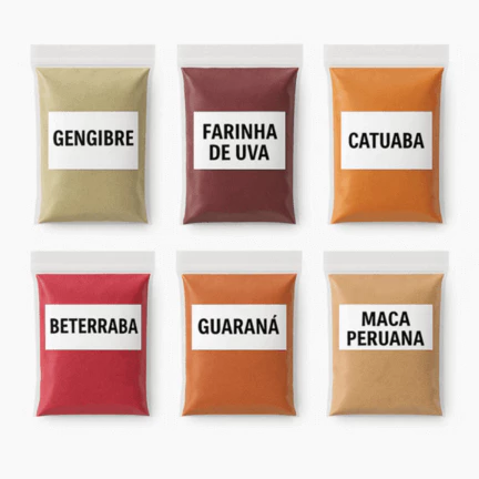 Kit Super Energético Pré Treino Natural Beterraba Uva Guaraná Gengibre Maca Peruana Catuaba