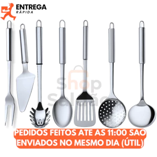 Kit 7 Utensílios para Cozinha Inox Espátula Concha Escumadeira Colher Pegador Massa Garfo