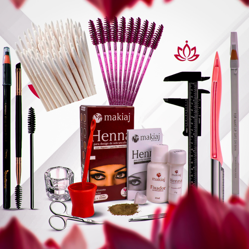 Kit Sobrancelha Henna Makiaj + Palito + Navalha + Paquímetro + Tesoura + Pincel + Dappen + 2 Lápis