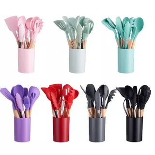 Jogo de Cozinha Kit C/12 Peças Utensílios de Cozinha em Silicone e Cabo de Madeira Antiade