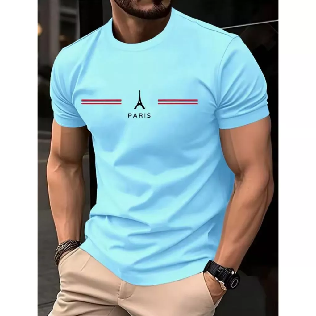 Camiseta Masculina 100% Algodão Paris Torre Listras Camisa Casual Manga Curta Várias Cores