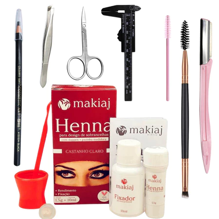 Kit Design de Sobrancelha Makiaj Henna + Navalha + Lápis + Pincel Duplo + Paquímetro