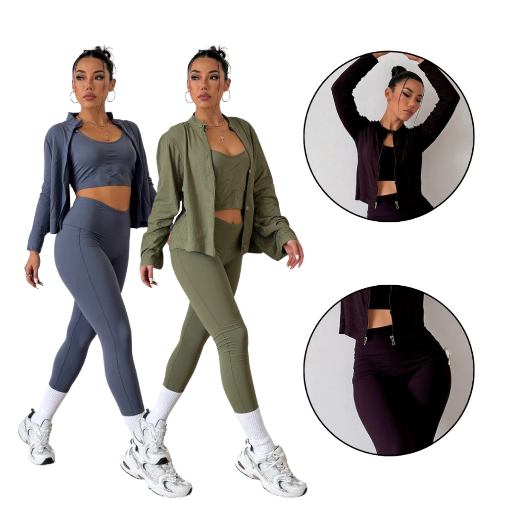 Kit Conjunto Feminino 3 Peças Fitness Roupa Academia Yoga Jaqueta Top e Calça Legging Cintura Alta