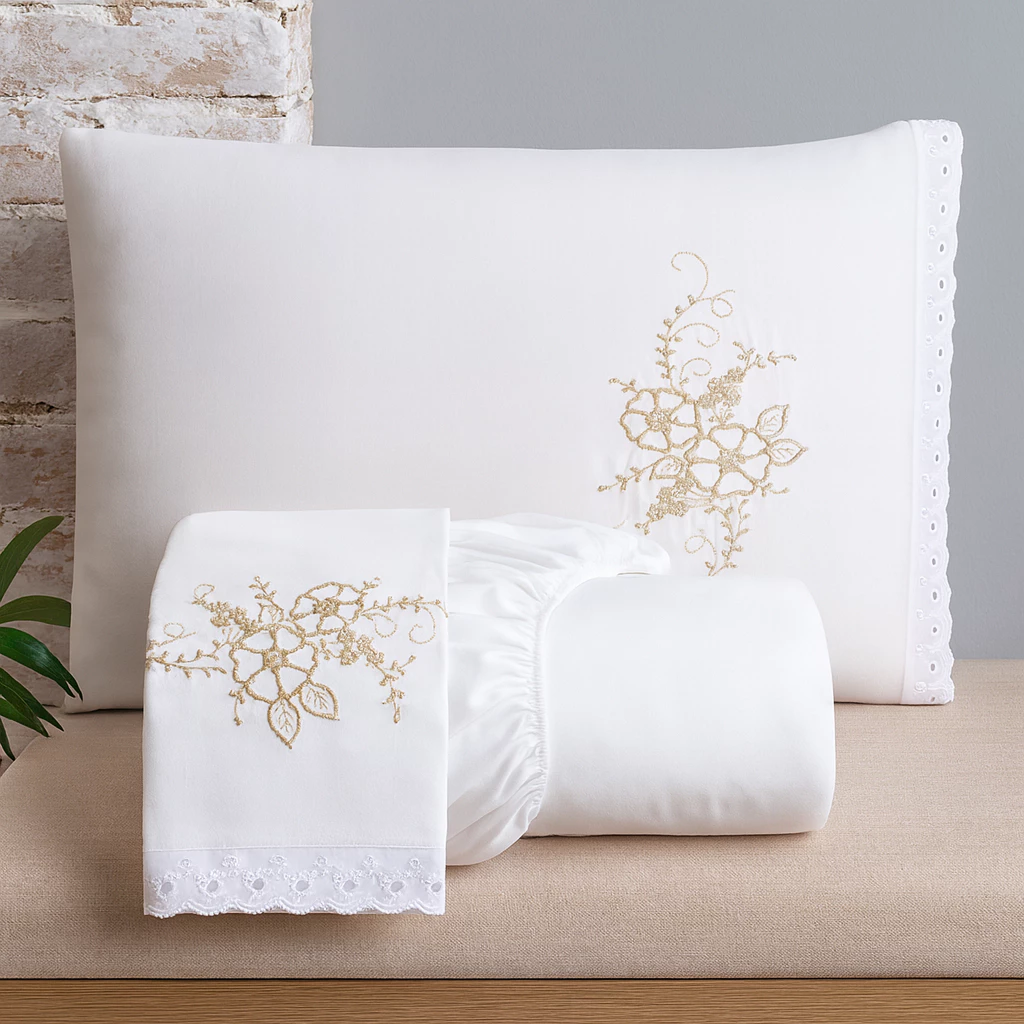 Jogo de Lençol Veneza Cama Queen Com Lese e Bordado 3 Peças para o Dia a Dia Cores