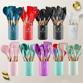 5/12 Peças Utensílios De Cozinha Colheres Espatula Silicone Cabo Madeira Decoração Livre B