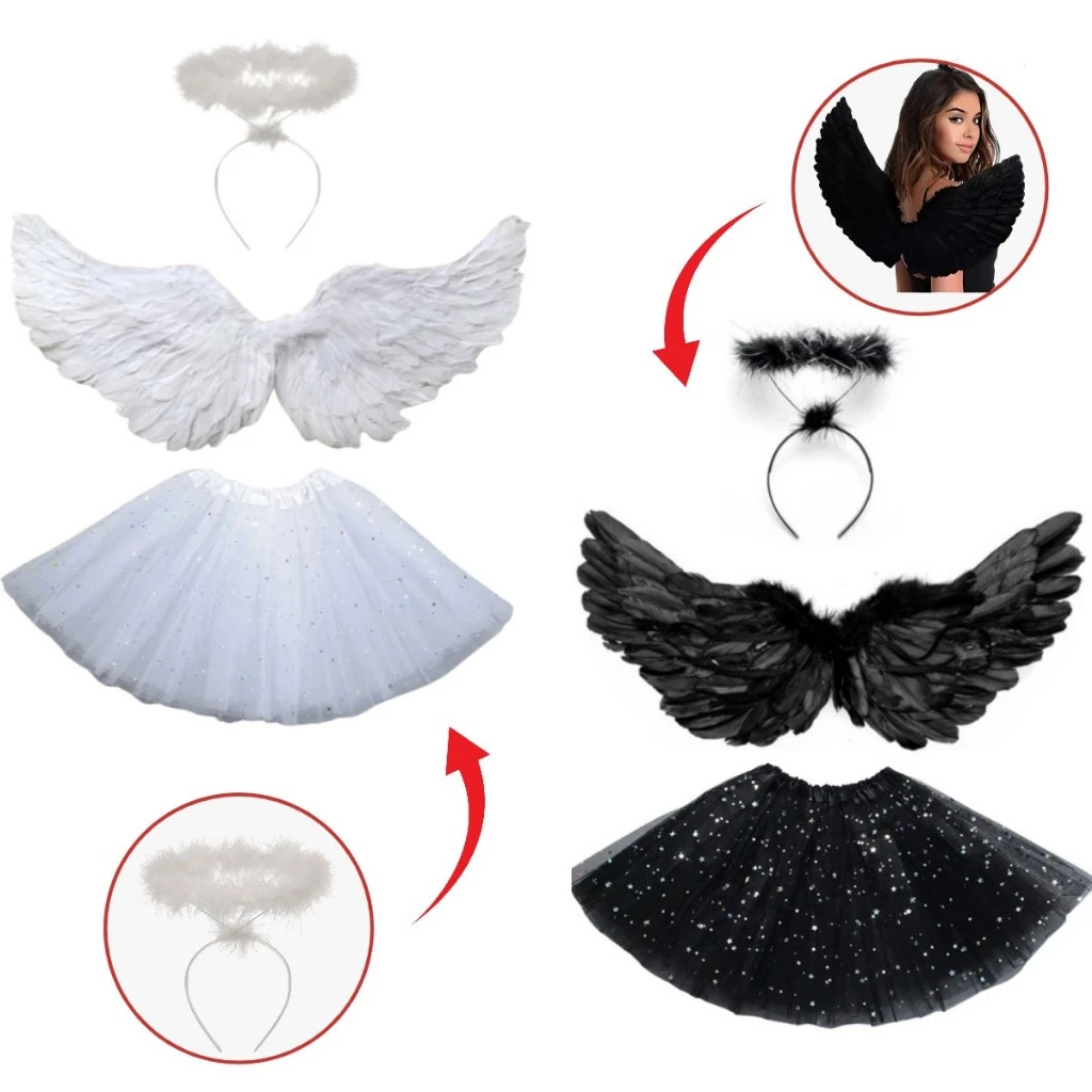 Fantasia Asa Anjo, Tiara e Saia Fantasia Halloween Carnaval Festas Cosplay