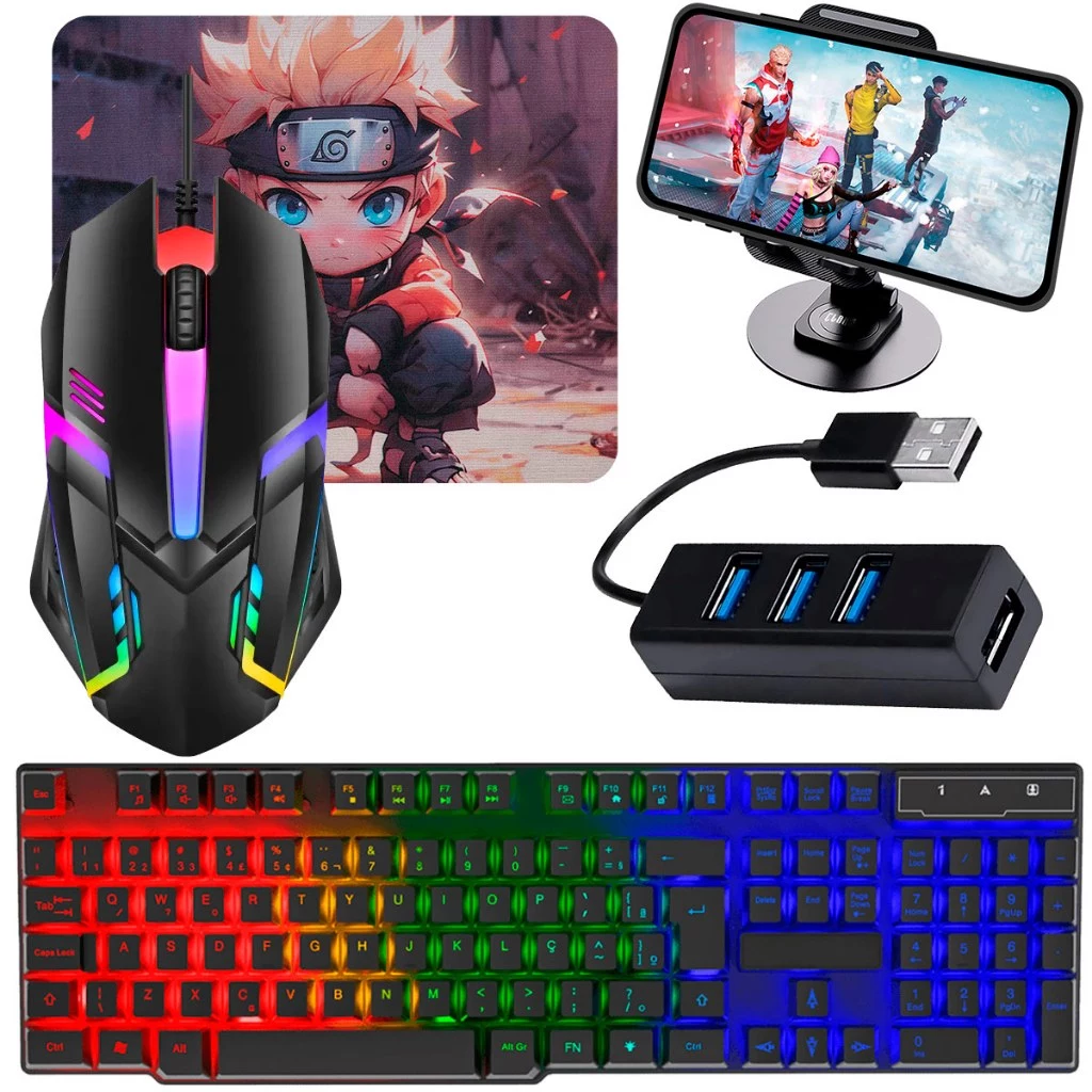 Kit Gamer Celular com Teclado RGB, Mouse, Tripé e Hub | Tipo C ou V8