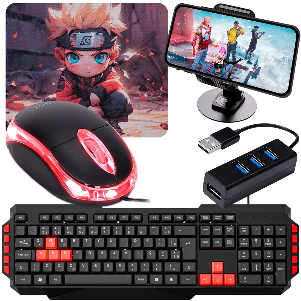 Kit Gamer Celular com Teclado ABNT2, Mouse Óptico e Suporte | Tipo C ou V8