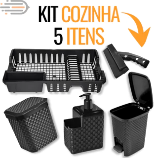 Kit Pia Cozinha Rattan Preto | Lixeira 5L - 7L Escorredor Dispenser | Porta Detergente Rod