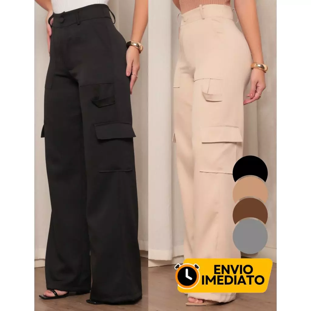 Calça Social Feminina Modelo Pantalona Alfaiataria Cargo Wide Leg Calsa Luxo Blogueira Moda