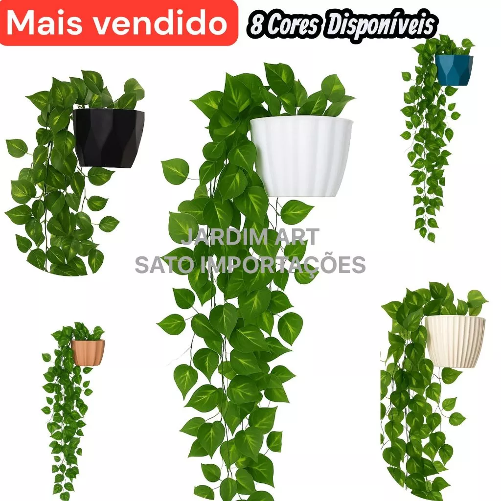 1 Kit Vaso Plastico Ceremico + 2 Planta Pendurada Verde Artificial Parede Varanda pendente verde caida Enfeite