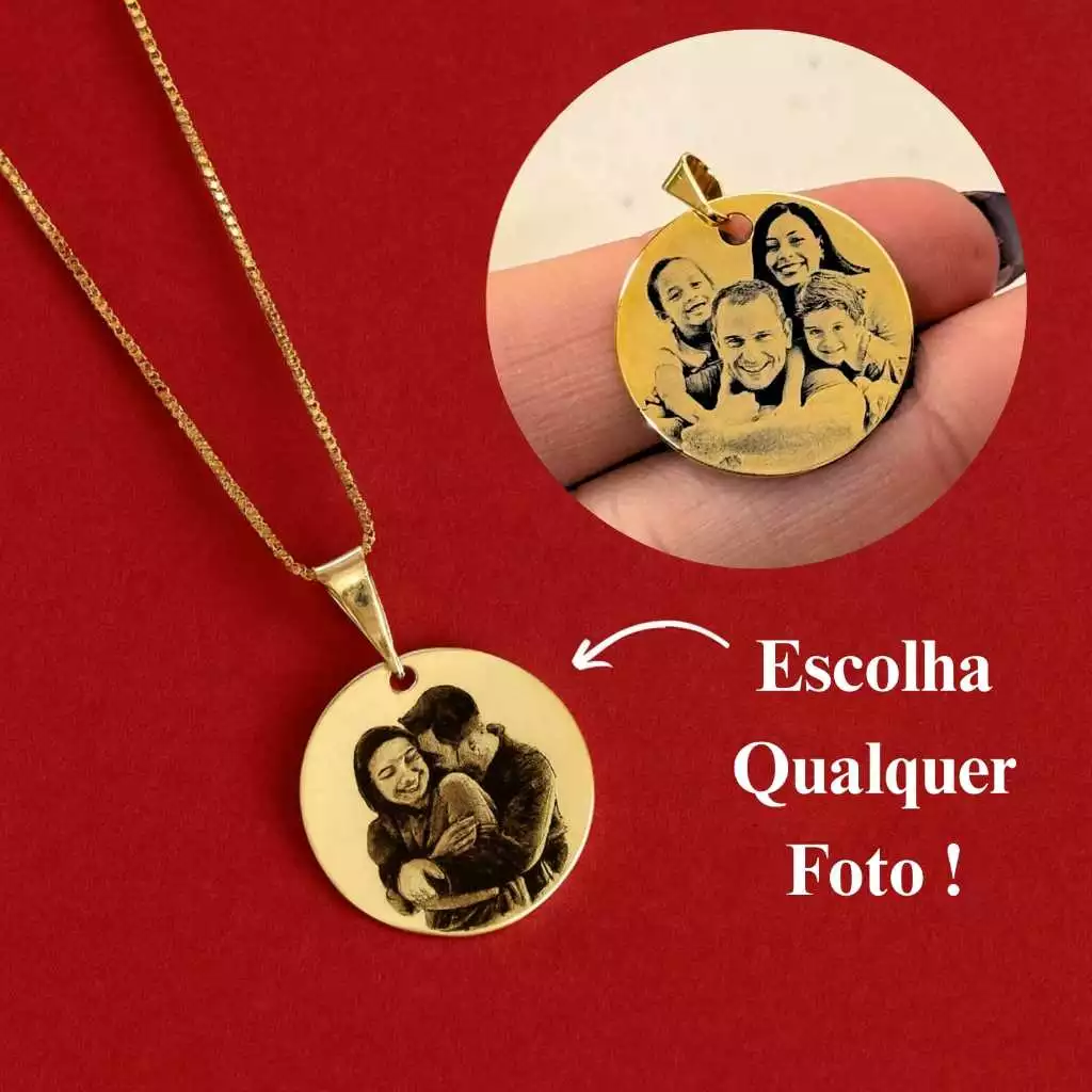 [SEMI JOIA] Colar Personalizado Feminino 17mm Foto Gravação 45cm Banho Ouro 18k Acessórios Femininos