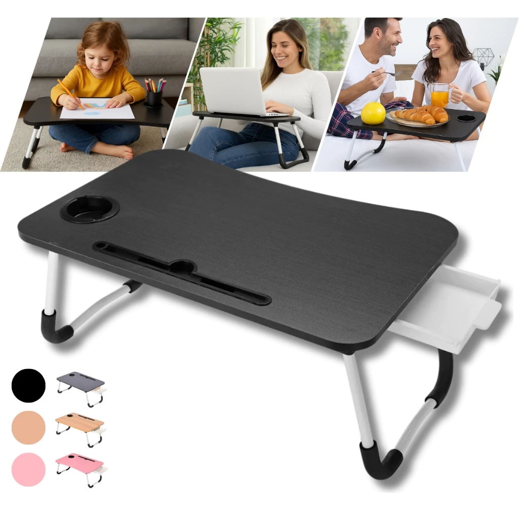 Mesa Portátil Dobrável Com Gaveta Para Notebook Home Office Estudo Refeição Cama Com Porta Copo MDF