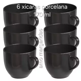 Jogo Xicara Conjunto Caneca Porcelana Preta Lisa kit Cha Cafe Leite 170 ml Chicara Hotel C