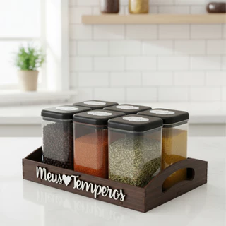 Bandeja Meus temperos organizadora 6 Potes em Mdf decorado Porta Condimentos Mantimentos O