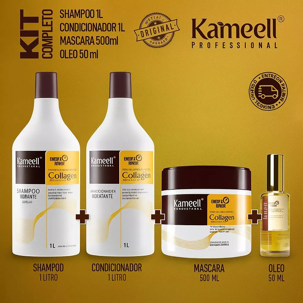 Kit Completo Kameell Professional Collagen - Cabelos Fortes, Hidratados e com Brilho de Salão