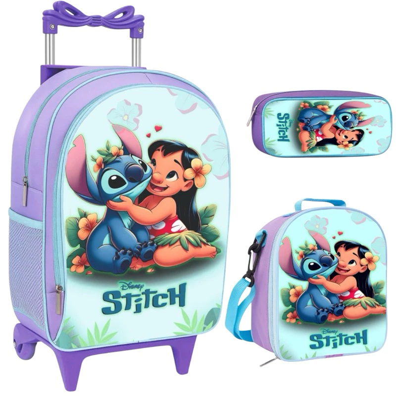 Kit escolar Mochila Infantil Rodinha Feminina Lilo e Stitch Escolar + Lancheira Termica + Estojo