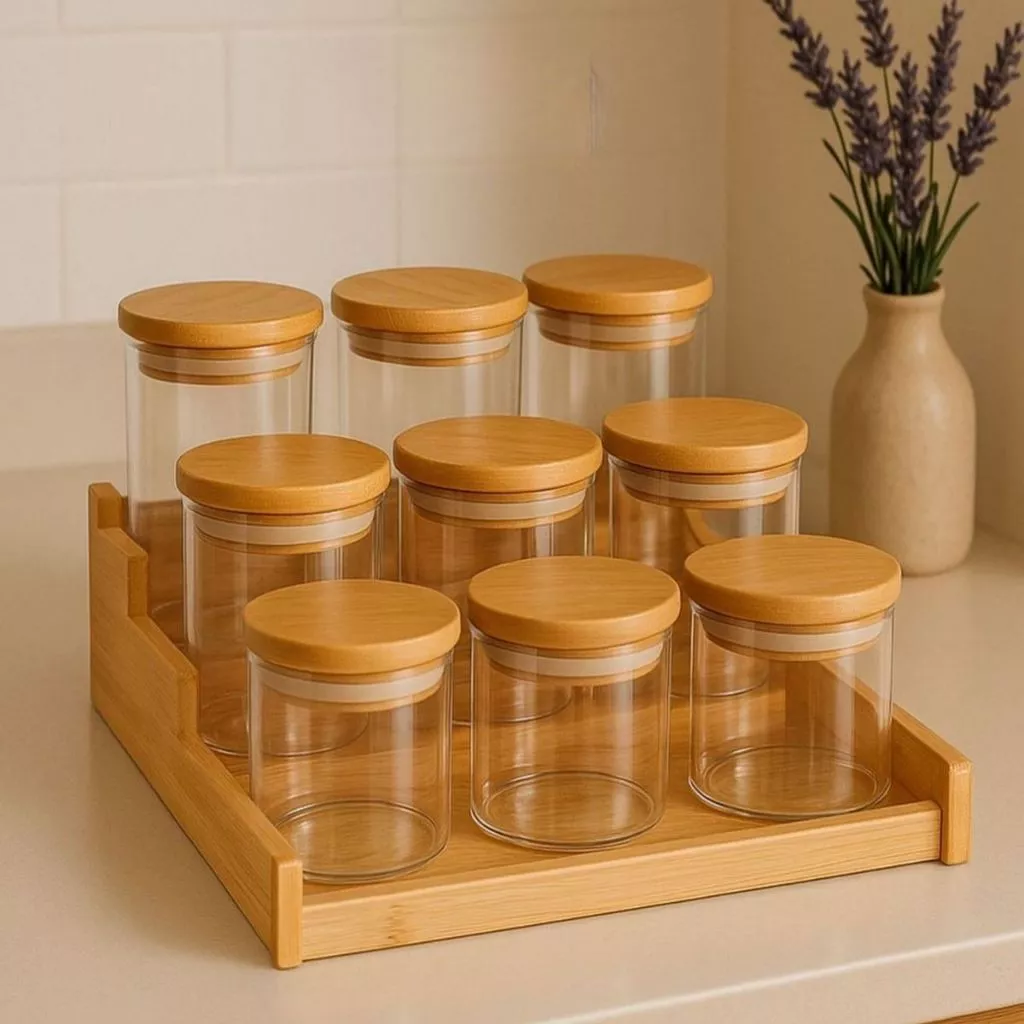 Kit 6 Potes Para Tempero 200ml Vidro Hermético Tampa Bambu Alta Vedação Mantimentos