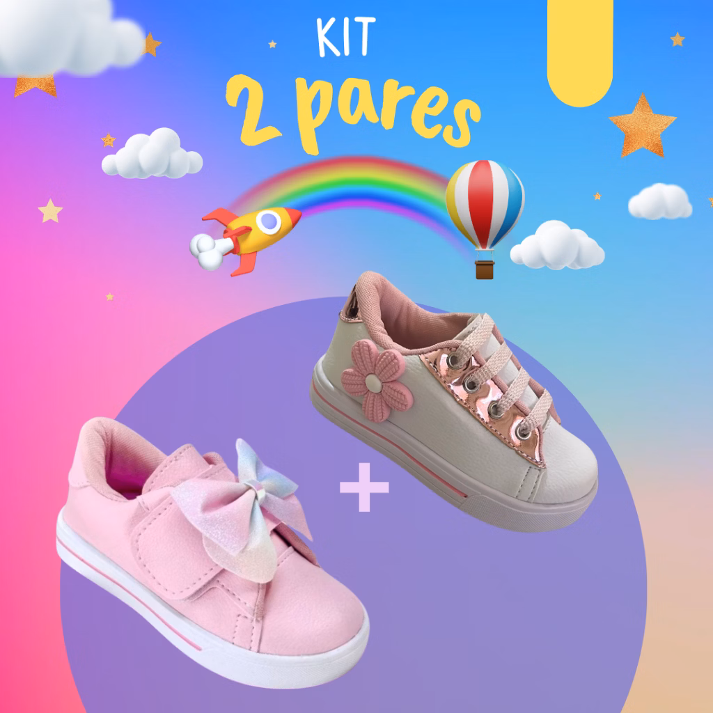 Kit 2 Pares de Tênis Infantil Menina Volta as Aulas Casual Confortável e Estiloso