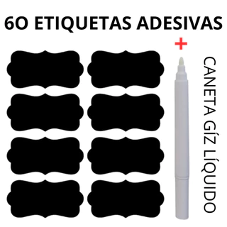 60 Etiquetas Adesivas Lousa 4x2cm + Caneta Giz Líquido de BRIND Pote Porta Tempero Envio e