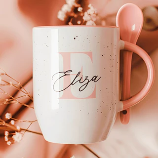 Caneca de Porcelana 325ml Personalizada com Colher - Inicial e Nome -Xícara para Chá/Café
