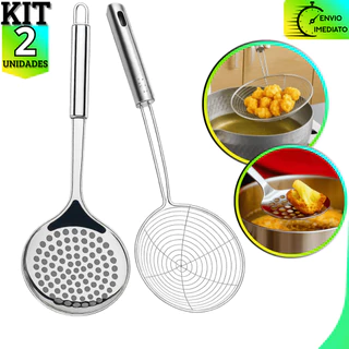 Kit 2 Escumadeiras Inox | Aramada Resistente p/ Cozinha e Fritura em Aço Inoxidável Premiu