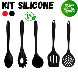 Kit Preto 5 Peças De Silicone Espátula Concha Escumadeira Colher Espátula Vazada Cozinha R