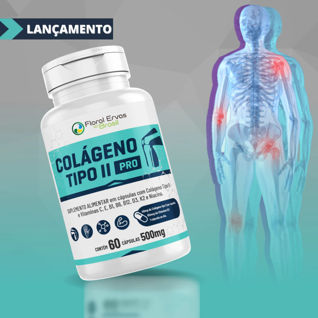Colágeno Tipo 2 II 500mg 2 Meses de uso + Vitaminas C e B6 b1 B12 D3 K2 e Niacina - Articulções