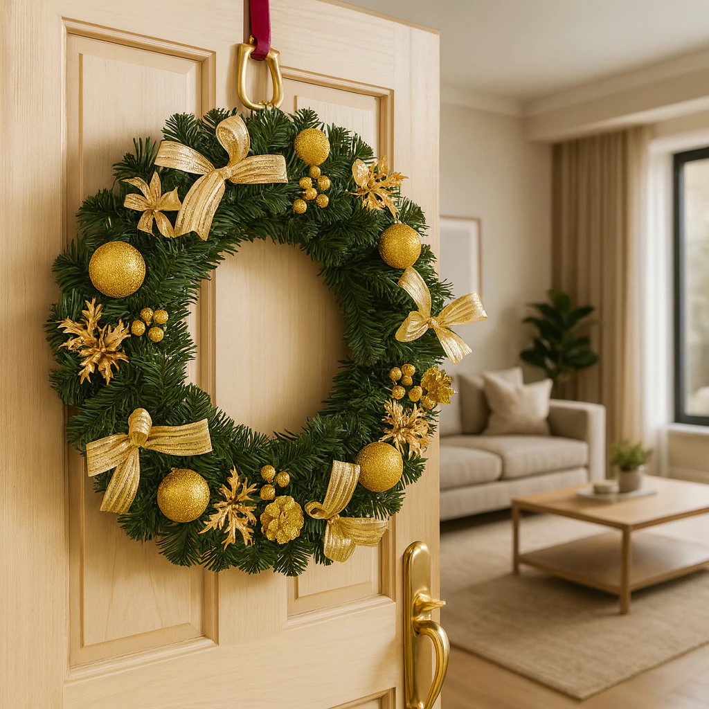 Guirlanda De Natal Verde Porta Decoração Natalina Linda Dourado