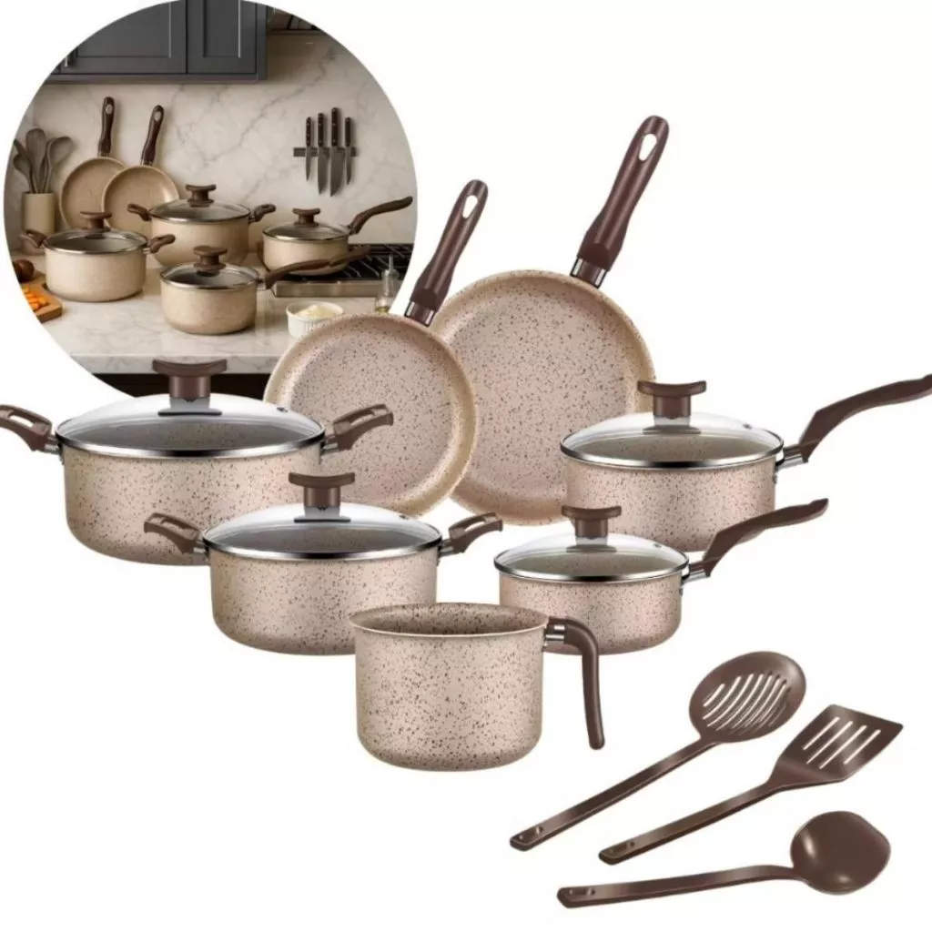 Conjunto De Panelas 10 Peças Antiaderente Caçarola Frigideira Fervedor Cor Coffee Cappuccino + Talheres
