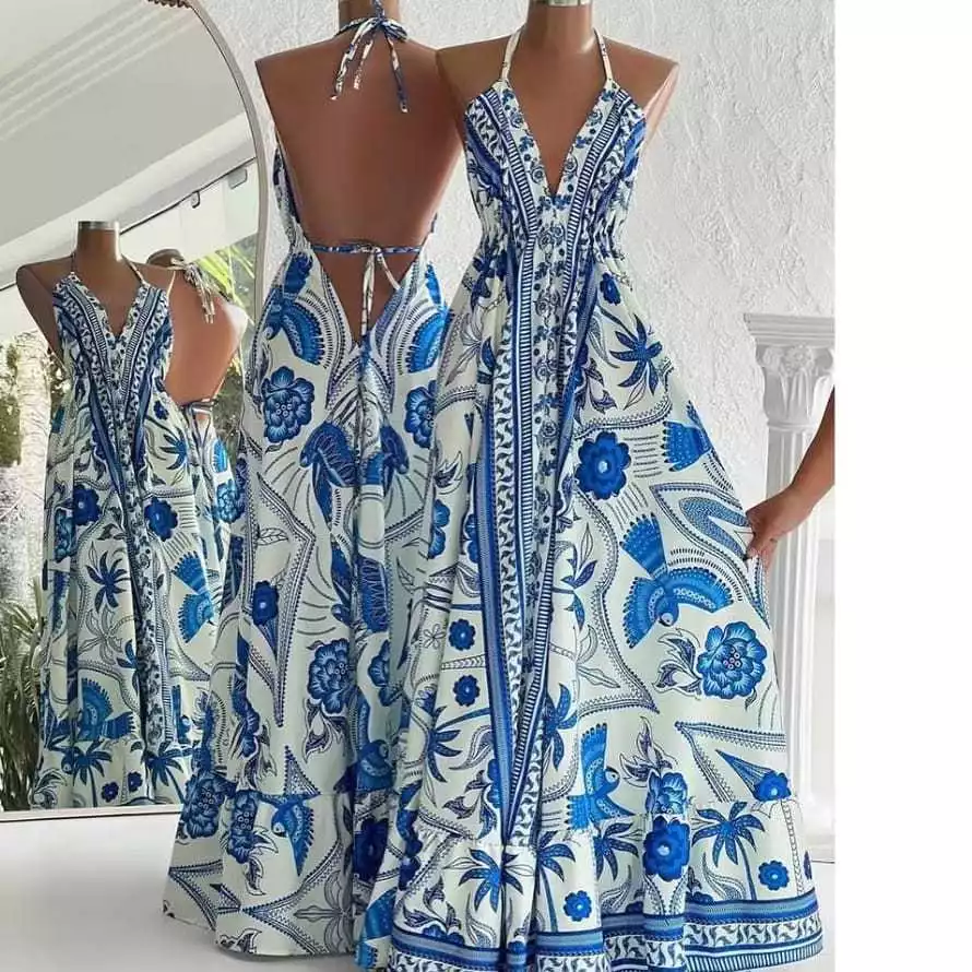 VESTIDO LONGO ESTAMPADO MODELO INDIANO COSTA NUA FRENTE UNICA