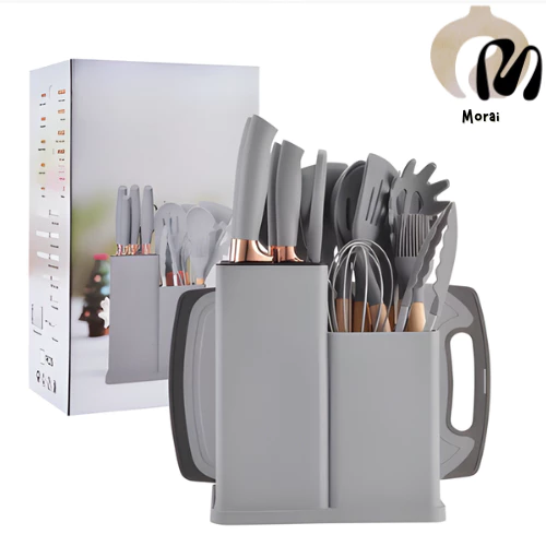 Kit Utensílios de Cozinha 19 Peças • Silicone com Cabo de Madeira • Completo e Resistente