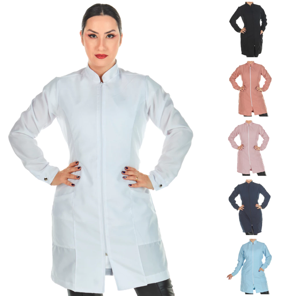 Jaleco Feminino Acinturado Oxford Manga Longa Com Zíper Gola Padre Várias Cores Estética Enfermagem