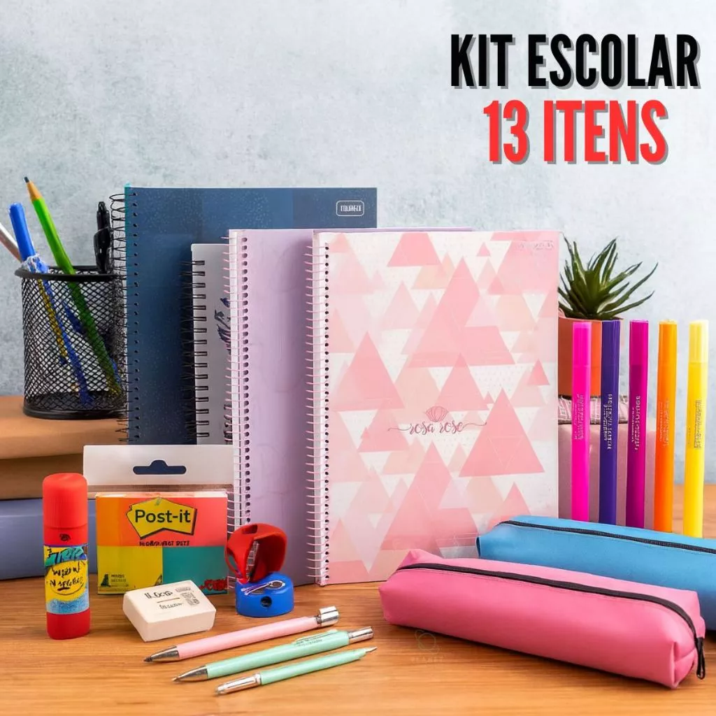 Kit Material Escolar Básico 13 Peças Caderno Universitário Volta as Aulas