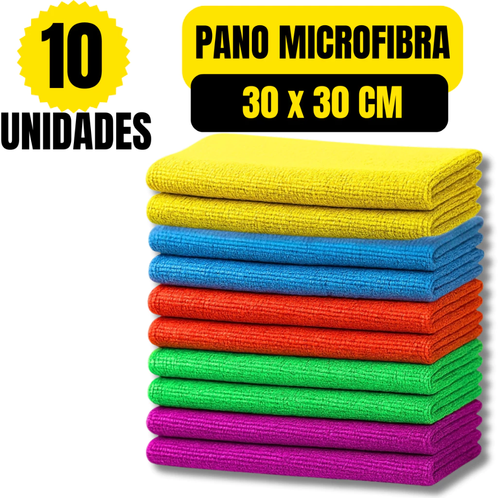 Kit 10 Panos de Limpeza Microfibra Alta Absorção Flanela Automotivo Carro Pia 30x30cm Vidro Multiuso Pano De Limpeza