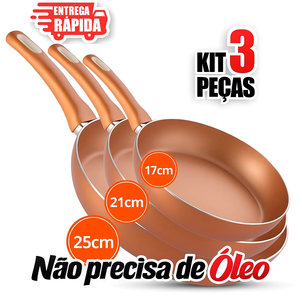 Jogo 3 Frigideira 17cm, 21cm, 25cm Antiaderente Estilo Cobre Premium Revestimento Cerâmico