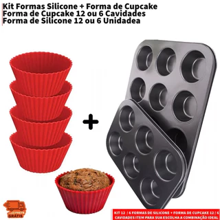 Kit 12 ou 6 Forminhas de Silicone Não Gruda + Forma de Cupcake 12 ou 6 Cavidades Antiadere