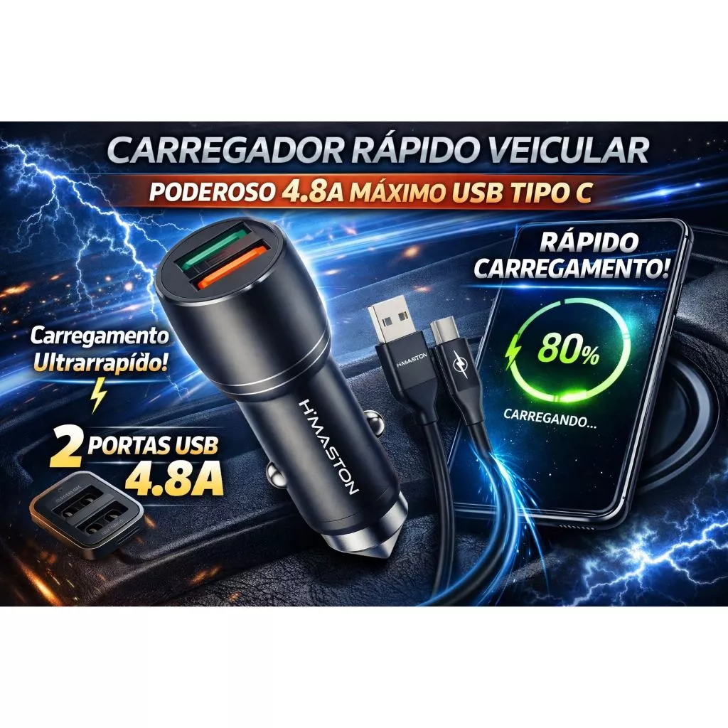 Carregador Rápido automotivo Veicular Poderoso 4.8a Máximo Usb Tipo C V8 LITE H-Maston L04-3 Preto