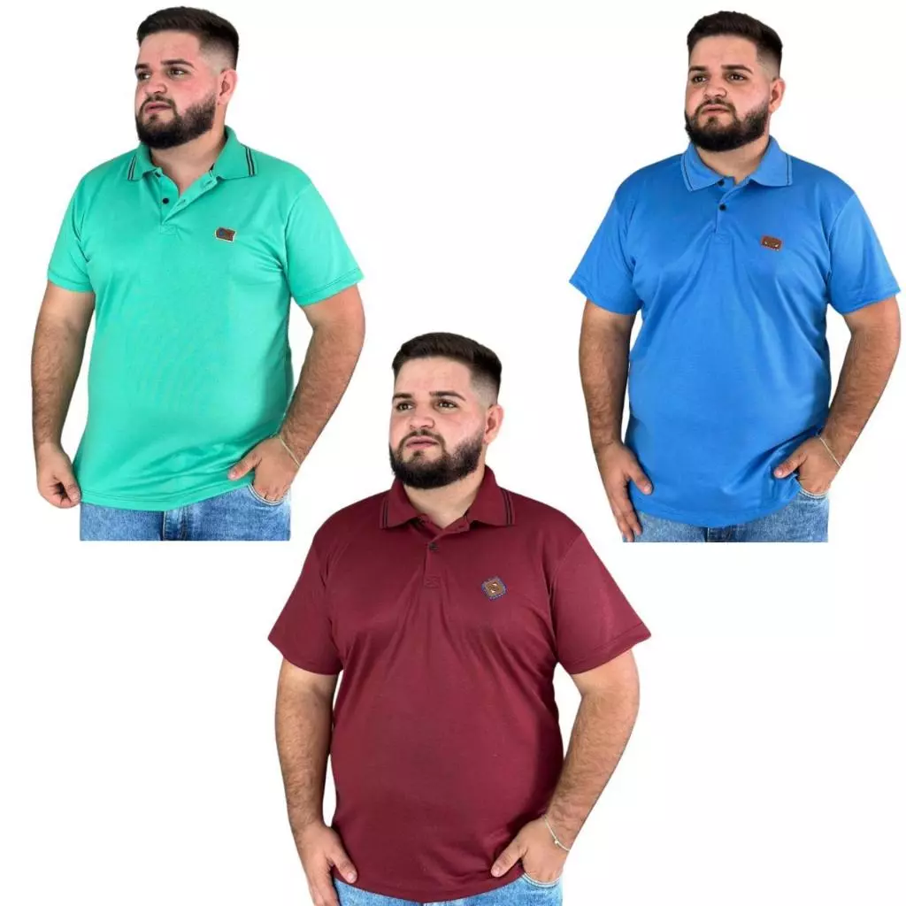 Kit 3 Camiseta Polo Pique Bordada Manga Curta Poliester