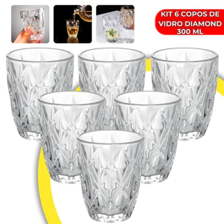 Jogo 6 Copos Diamond 300ml Vidro Grosso Diamante Luxo Transparente Resistente Moderno Eleg