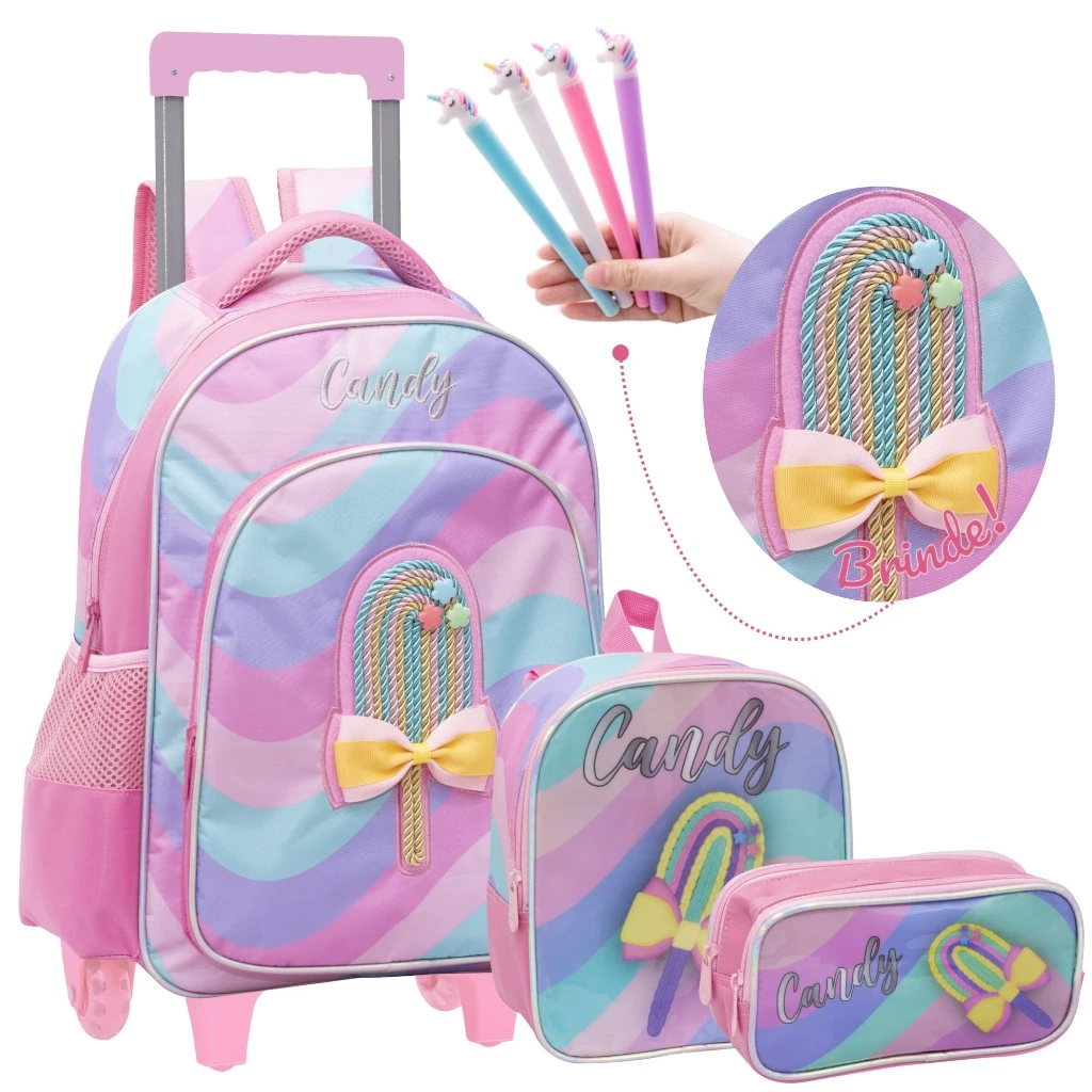 Mochila Sorvetinho de Rodinha Lancheira Térmica Estojo Picolé Candy Tons Pastel Feminina Infantil