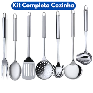 Kit 7 Utensílios de Cozinha Inox Escumadeira Concha Colher Arroz Pegador Garfo Espátula Co