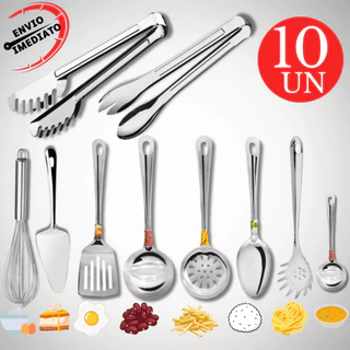 Kit Utensilio Para Cozinha 100% Inox Colher Concha Escumadeira Pegador Massa Salada Mini c