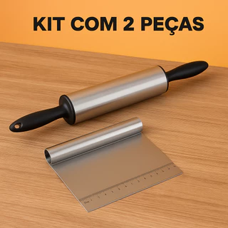 Kit Rolo de massa inox giratório + Espátula profissional tubular confeitaria pão pizza Mac