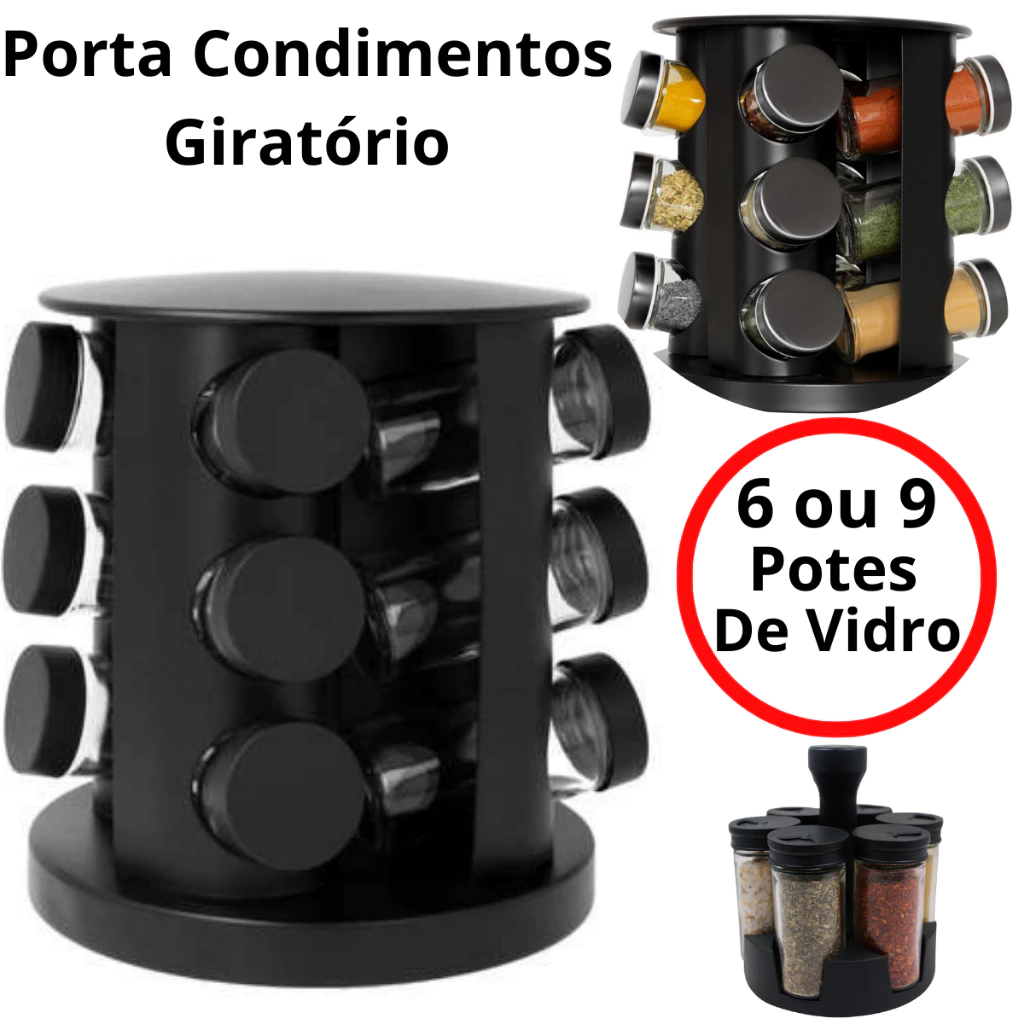 Porta Temperos Condimentos Giratório 6 e 9 Potes Vidro 90G com Tampa Dosadora Preto + Etiquetas Adesivas