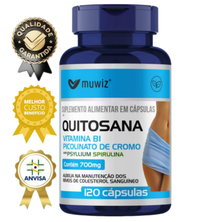 Quitosana 700mg. Vitamina B1, Picolinato de Cromo, Com Psyllim Spirulina - 120 Cápsulas - Muwiz