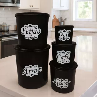Kit Jogo 5 Potes de Mantimentos Plástico Decorado Coração Porta Alimentos para Cozinha
