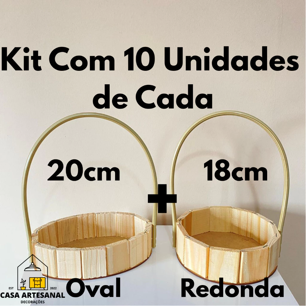 Kit 20 Cestas de Madeira | 10 Cestas 20cm Oval + 10 Cestas 18cm Redonda | Cesta para Presente Páscoa