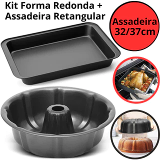 Kit Forma Assadeira Antiaderente 32/37cm + Forma Bolo com Furo Central 24cm De Aço Carbono