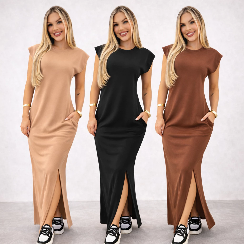 Vestido longo casual basico feminino ribana canelada manga muscle moda gringa preto marrom plus size